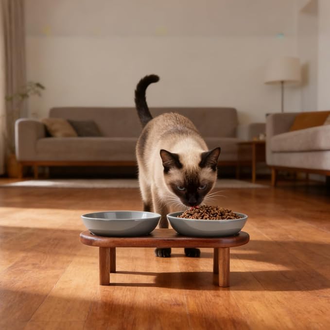 SPUNKYJUNKY Extra Wide Elevated Ceramic Cat Bowl with Acacia Wood Stand Whisker Friendly (Cat Paw Pattern, Gray) - Image 6