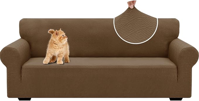 XINEAGE Stretch Jacquard Sofa Cover, Non Slip Sofa Slipcover for Dog | High-Stretch Fabric. Wear-Resistant, Pet Friendly. Easy Install & Washable for Living Rooms, Offices.Brown by XINEAGE