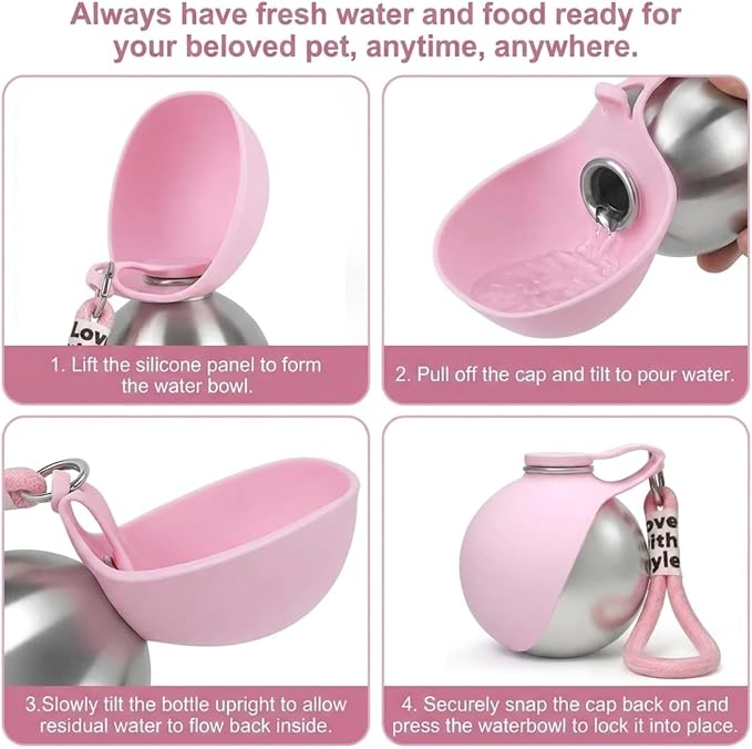 Dog Water Bottle Portable, 2 in 1 Stainless Steel 10oz Dog Water Bowl, Pink | Leak-Proof Pet Water Dispenser for Small & Medium Dogs, Pet Drinking Holder for Walking Hiking Outdoor Activities - Image 7