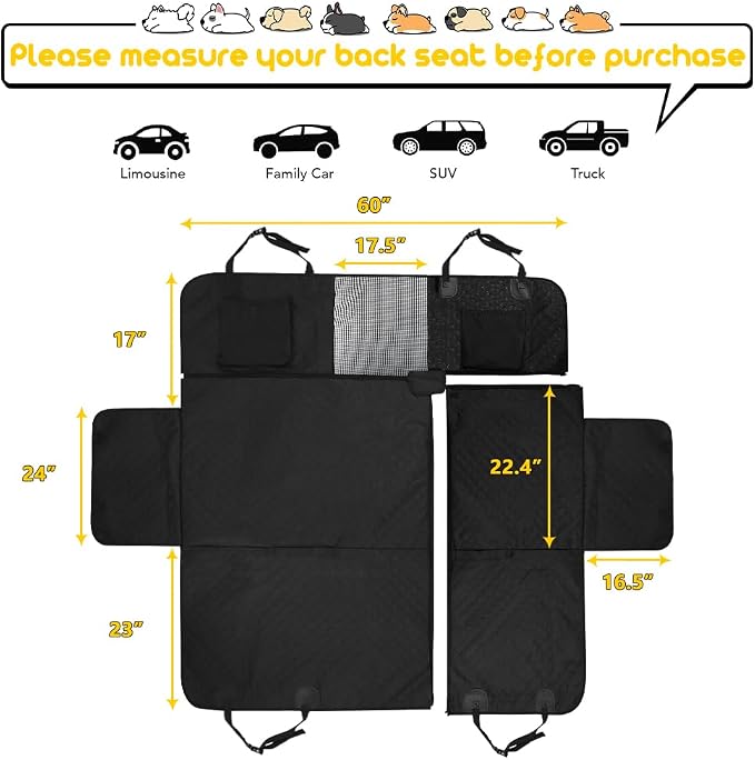 Vailge 6 in 1 Car Seat Cover for Back Seat, 60/40 Split, 100% Waterproof with Mesh Window, Scratch Prevent Anti-slip Dog Hammock, Large - Image 6