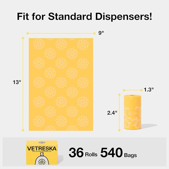 VETRESKA Daisy Scented Dog Poop Bags, 540 Counts, Leak-proof | Extra Thick and Large Pet Waste Bags for Dog Walking and Cat Litter, 36 Refill Rolls - Image 6