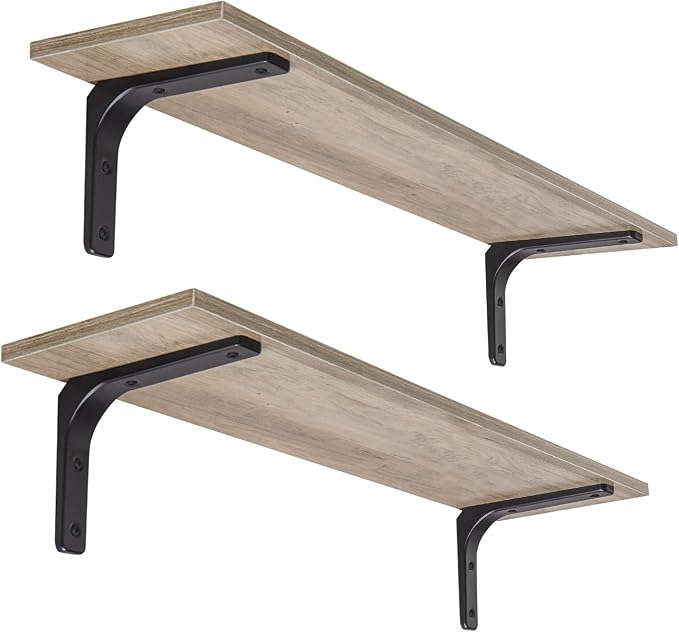 Long Wall Shelves, 31.5Inch Wooden Wall Mounted Shelves, Set of 2 | Floating Book Shelf with Metal Brackets, Easy Assembly, Max Load 22lbs, Wall Storage Ledges, Bedroom/Bathroom/Kitchen, Greige by DINZILVJ