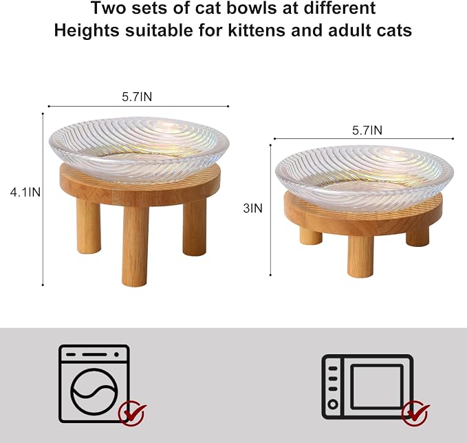Cat Bowls Whisker Friendly with Wooden Stands. Raised Elevated Glass Whisker Fatigue Cat Bowl for Indoor Cats. 2PCS (Rainbow Colors) - Image 2