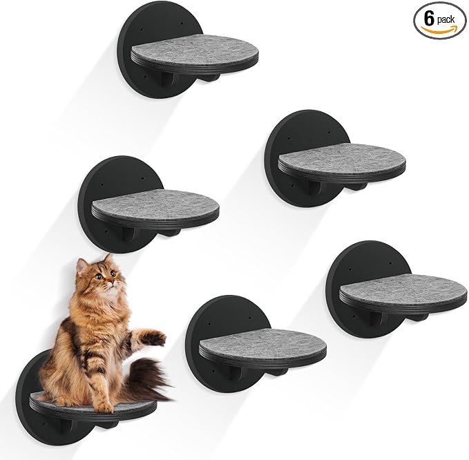 Cat Wall Shelves Furniture Set of 6, Wooden Cat Steps for with Scratching Pad, Sturdy Floating Climber Ladder Stairs, Cats Climbing Wall Systems for Cats Sleep Climb Play by GADKE