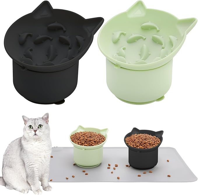 2 Pack Slow Feeder Cat Bowls Silicone Tilted Raised Pet Bowl | Non Slip Base for Digestion Anti Vomit by Guiqulai