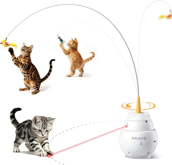 ROJECO Interactive Cat Toys,2 in 1 Automatic Cat Toy with Flying Bird | 360°Rotation/3 Operating Modes/Customizable DIY/Suction Cup/800mA Battery/TypeC Rechargeable/Removable Clean/Service Warrant by ROJECO
