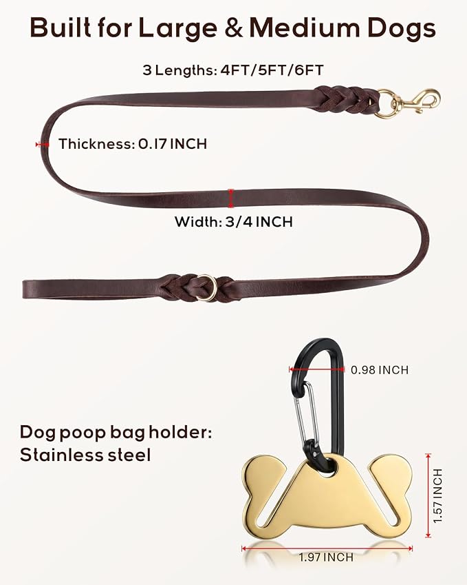 Taglory Leather Dog Leash for Large Medium Dogs, Hand-Braided, 4FT Brown | Strong for Training & Everyday Walks, Soft Grip Full Control, Hands-Free Poop Bag Holder, Rotating Brass Clasp, 3/4 INCH - Image 9