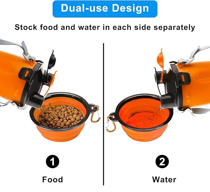 Dog Travel Water Bottle Collapsible Bowls, 2 in 1 Pet Food Container with Collapse Bowls, Outdoor Portable Water Bowls for Walking, Traveling, Camping and Hiking (Orange) - Image 3