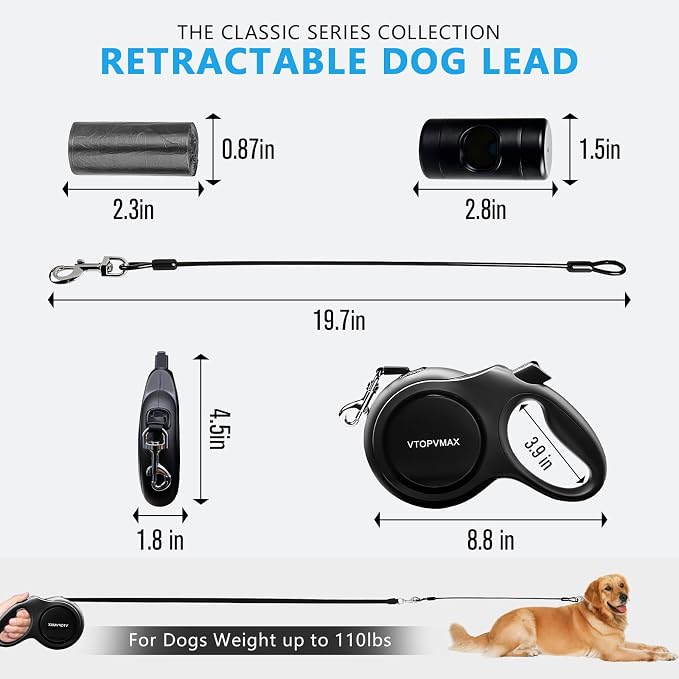 26Ft Retractable Dog Leash for Medium/Large Dogs up to 110lbs, Strong Heavy Duty Retractable Leash with Chew-Proof Cable, 360 Tangle Free, One Hand Brake Lock & Poo Bag Holder (Black) - Image 2