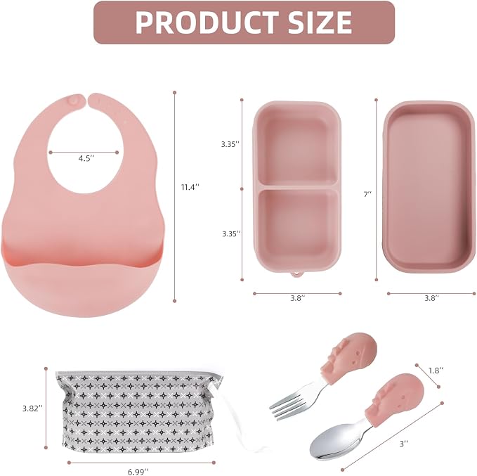 Travel Silicone Baby Feeding Set with 316 Stainless Steel Spoon & Fork ,Silicone Suction Plates, Foldable Bib, Storage Bag - Portable Infant Toddler Utensils, 6-Piece BPA-Free Dishware Kit（pink） - Image 5