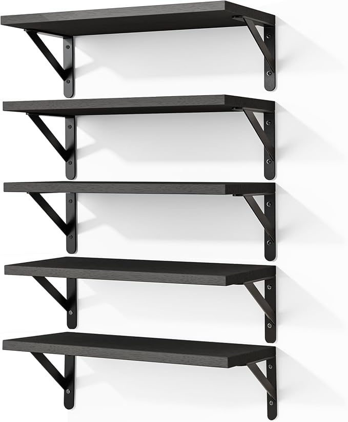 Fixwal Wall Floating Shelves for Home Decor (Black, Set of 5, 16.5 Inch) | Wood Shelves, Natural Grain, 40Lb Capacity, Sturdy Triangle Brackets, Versatile for Any Room by Fixwal