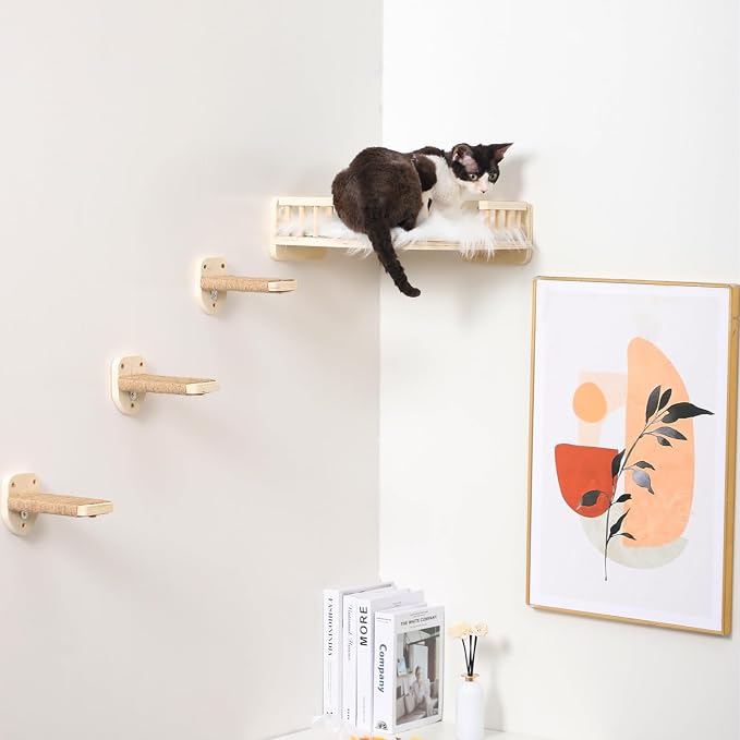 Cat Wall Shelves with 3 Steps Scratch Post, Climbing Shelf and Hammock for Indoor Cats (Wood) - Image 2