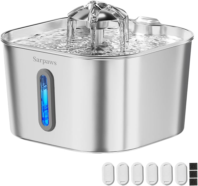 Cat Water Fountain Stainless Steel：74oz/2.2L SARPAWS Water Fountains for Cats Indoor, Cat Fountains for Drinking, Ultra-Quiet, Water Level Window, Pet Water Fountain - 6 Filters + 3 Sponges by Sarpaws
