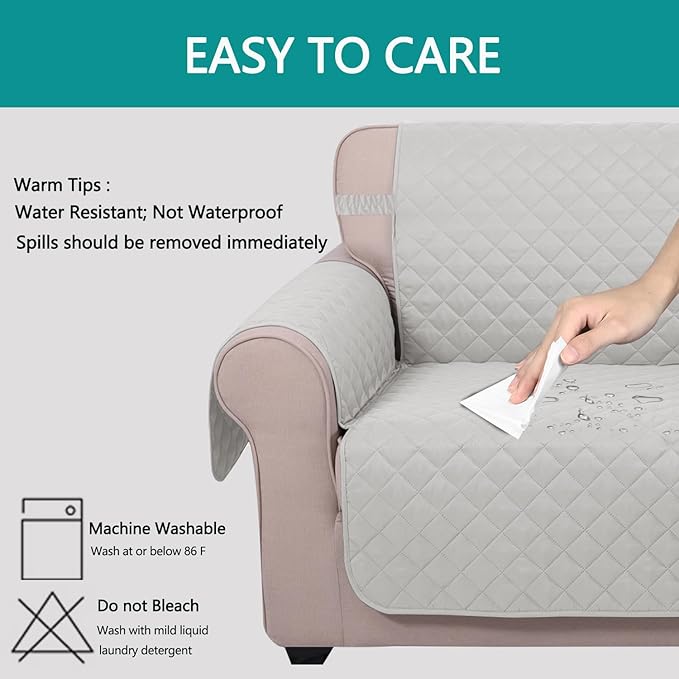 U-NICE HOME Reversible Recliner Chair Covers, Light Grey | 23''Armchair Cover for dogs Washable, Pet Friendly, Elastic Straps, Water Repellent, Diamond Quilted - Image 5