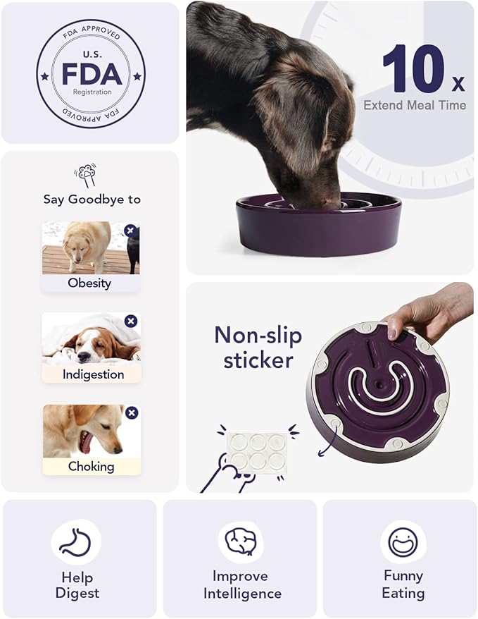 LE TAUCI Slow Feeder Dog Bowls Ceramic, 3 Cups Slow Feeding Dog Bowl Medium Large Breed, Pet Bowl for Fast Eaters, Puzzle Pet Dishes, Maze Purple - Image 3