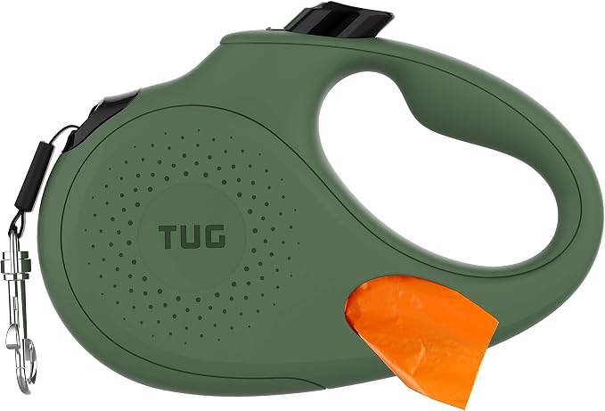 TUG Oval 360° Tangle-Free Retractable Dog Leash with Integrated Waste Bag Dispenser (Large, Green) by TUG