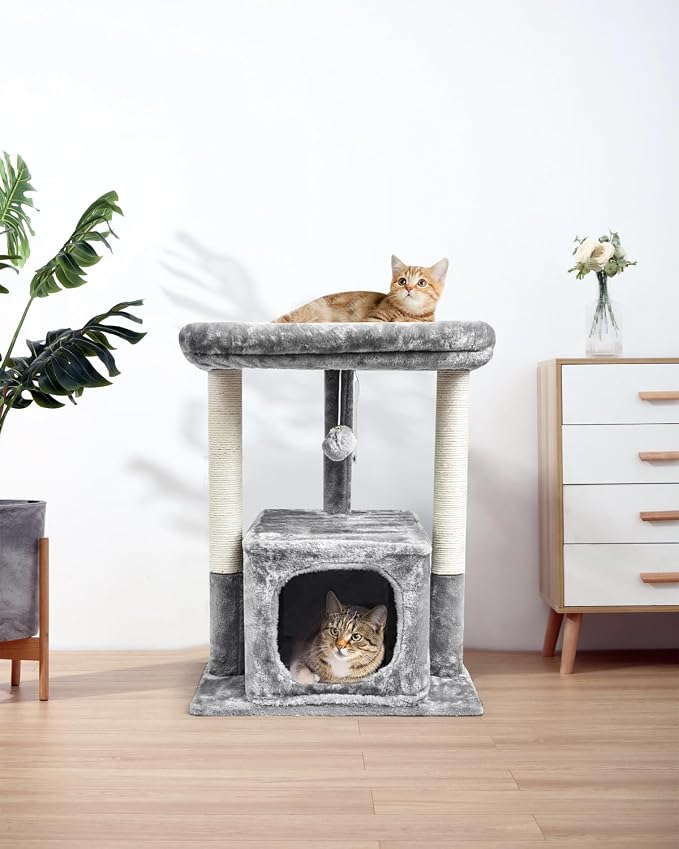 SYANDLVY 27IN Cat Tree for Indoor Cats Large Adult, Modern Activity Tower | Scratching Posts, Condo with Plush Perch, Climbing Stand with Spring Ball for Play, Grey - Image 6