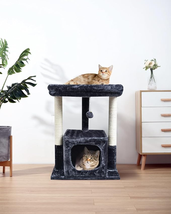 SYANDLVY 27IN Cat Tree for Indoor Cats Large Adult, Modern Activity Tower | Scratching Posts, Condo with Plush Perch, Climbing Stand with Spring Ball for Play, Smoky - Image 6