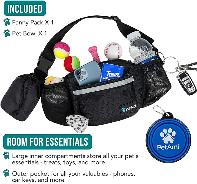 PetAmi Dog Fanny Pack, Treat Pouch for Dog Walking Training, Black | Built in Poop Bag Dispenser, Water Bottle Holder, Collapsible Bowl, Pet Treat Waist Belt for Hiking Running Kibbles - Image 2