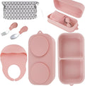Travel Silicone Baby Feeding Set with 316 Stainless Steel Spoon & Fork ,Silicone Suction Plates, Foldable Bib, Storage Bag - Portable Infant Toddler Utensils, 6-Piece BPA-Free Dishware Kit（pink） by TAOceeXI