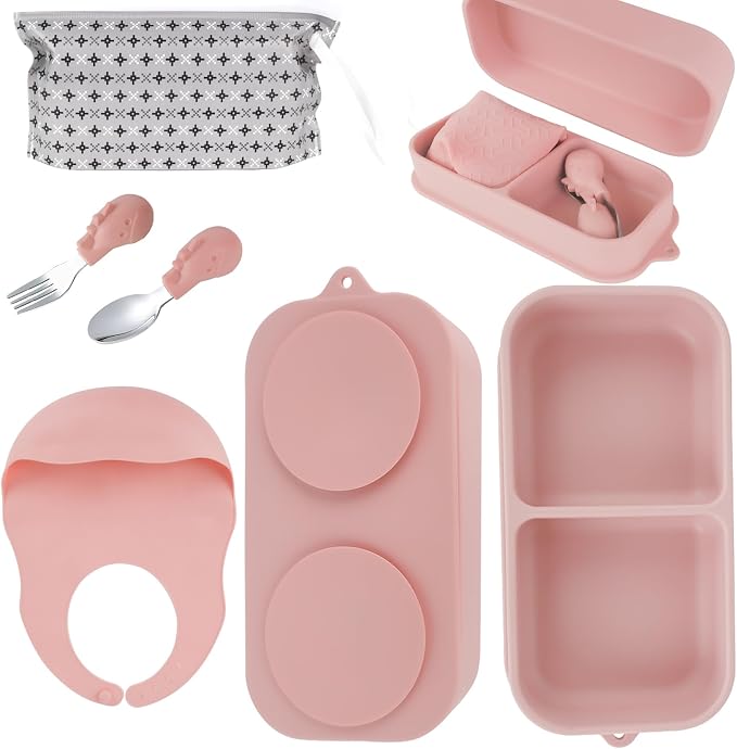 Travel Silicone Baby Feeding Set with 316 Stainless Steel Spoon & Fork ,Silicone Suction Plates, Foldable Bib, Storage Bag - Portable Infant Toddler Utensils, 6-Piece BPA-Free Dishware Kit（pink） by TAOceeXI