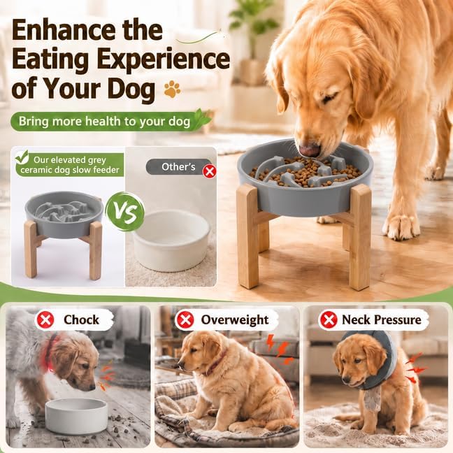 Elevated Ceramic Slow Feeder Dog Bowls Anti-Choking Slow Feeding for Medium& Large Anti-Slip Non-Lead & Toxic Durable Easy to Clean Maze Slow Feeder Bowl（8.66in Gray Stars Pattern） - Image 4