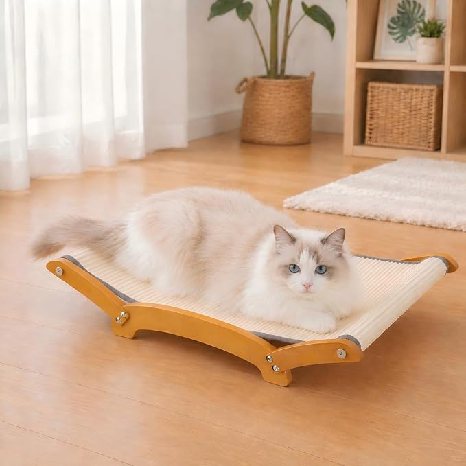 Sisal Cat Scratcher Bed for Indoor Cats, 26.3in Wooden Scratching Board | Natural Sisal Fiber,Solid Wood Frame,Cat Hammock & Lounger,Scratch Pad for Large Cats,Space-Saving,Multi-Cat households,Beige by GIFAIRY