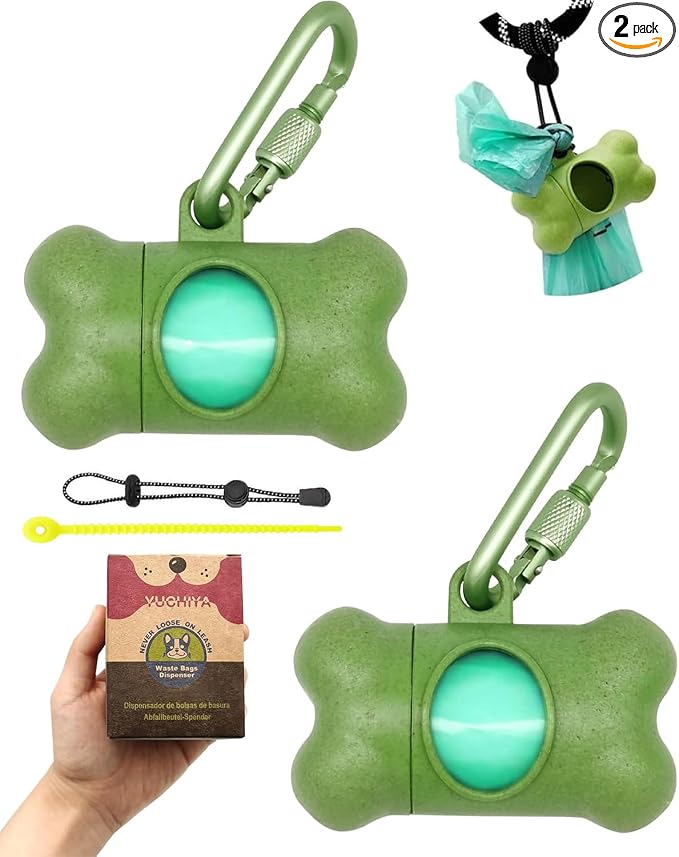 Dog Poop Pickup Bags Holder Dispenser with Standard-Sized Leak-Proof Scented Doggy Waste Bags and Carabiner with Safety Lock&Fastener Never Loose on Leash Lead Again (2 Holder 30 Bags, Green) by YUCHIYA