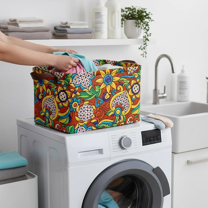 Mexican Talavera Storage Basket Waterproof Canvas Toy Storage Bin Mexican Decor Collapsible Outdoor Basket with Leather Handles Talavera Decor Blanket Baskets For Closets,Bedrooms,Gifts Baskets - Image 6