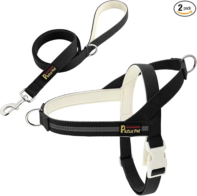 Plutus Pet Cotton Dog Harness and Leash Set, Reflective and Soft Padded, Quick Fit Vest Harness, for Small, Medium and Large Dogs, Black, XXS by PLUTUSPET