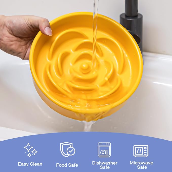 8.25'' Ceramic Slow Feeder Dog Bowls - Petal Shape Modern Dog Food Dish for Medium and Large Breeds, Puzzle Maze Bowl to Slow Down Eating, Anti-Gulping, Dishwasher & Microwave Safe, Yellow - Image 6