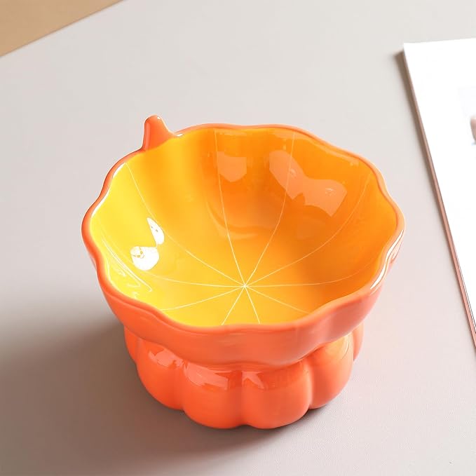 Cute Pumpkin Shaped Raised Ceramic Cat Water Bowl, 9 oz | Whisker Friendly, Anti Vomiting, Elevated Design, Indoor Cats - Image 3