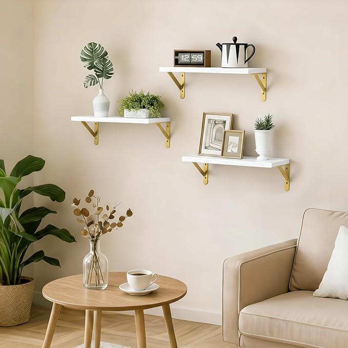 Fixwal Wall Floating Shelves for Home Decor (White, Set of 3, 16.5 Inch) | Wood Shelves, Natural Grain, 40Lb Capacity, Sturdy Triangle Brackets, Versatile for Any Room - Image 2
