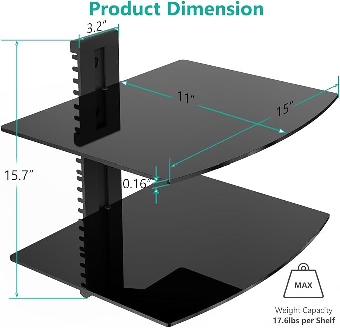 WALI Floating TV Shelf, 2 Tier Glass Projector Shelf for DVD Players, Routers, Game Consoles, Cable Boxes, Living Room Decor, Wall Mount Shelves Hold Up to 17.6lbs (CS202B), 2-Shelf, Black - Image 3