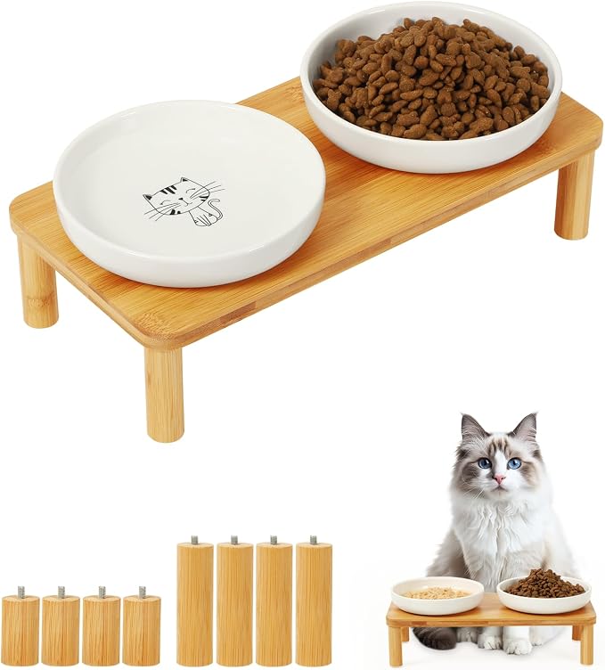 DoogCat Raised Cat Bowls, Bamboo Stand with 2 Ceramic Bowls | Adjustable Height, Whisker-Friendly Design, Food & Water Set, Stable Construction, Easy to Clean - Image 9