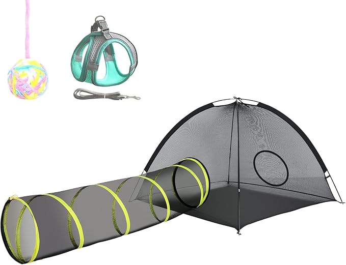 Outdoor Cat Enclosures Indoor, Portable Mesh Tent, Tunnel, Playhouse With Adjustable Harness and Leash for Walking, Colorful Tease Ball for Animals by Wilwolfer