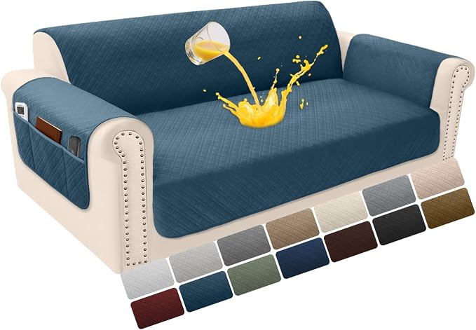 Velvet 100% Waterproof Loveseat Covers Washable Love Seat Couch Covers for 2 Cushion Couch Sofa Pet Friendly Sofa Slipcovers Dogs Furniture Protector with Pockets (Medium-XL, Dark Blue) by YUEVELLASofaCover