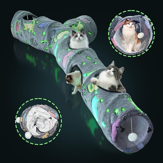 Cat Tunnels for Indoor Cats, Self-Luminous Cat Tunnel with Plush Ball, 3 Way Kitten Tunnel Collapsible, Cat Play Tunnel with Interactive Peephole for Large Cat, Puppy, Kitten by GRETMIX