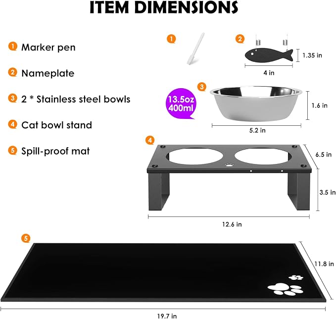 Elevated Cat Bowls with Splash Proof Mat for Kitten Puppy, 10° Tilted Raised Cat Bowl Stand Anti-Vomiting, 2 Wide Shallow Stainless Steel Bowls, Whisker Friendly, 3.5" Tall - Image 6