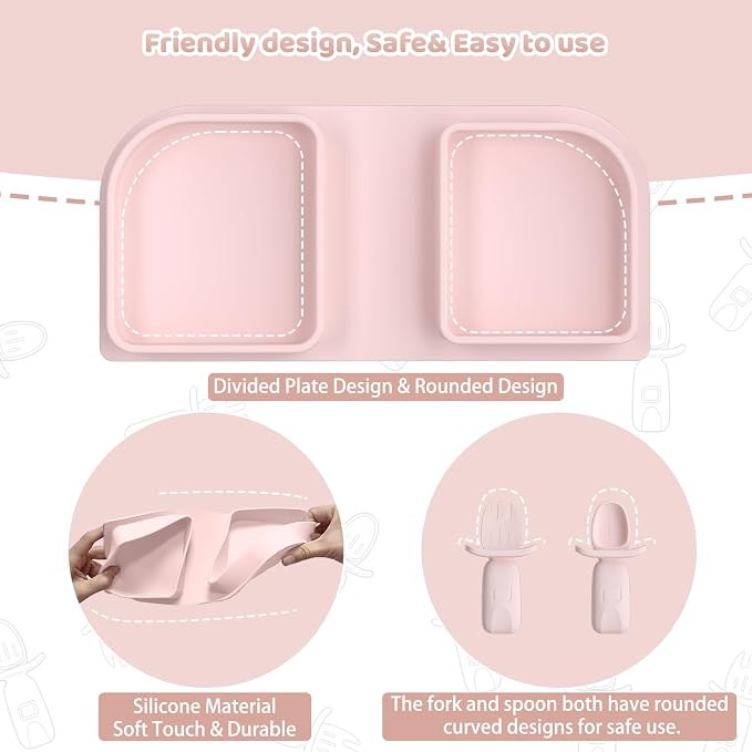 Pink Silicone Foldable Baby Feeding Set, Baby Travel Essential Including Toddler Plates, Spoon&Fork, Adjustable Foldable Bib, Portable Infant Toddler Utensils - Image 2