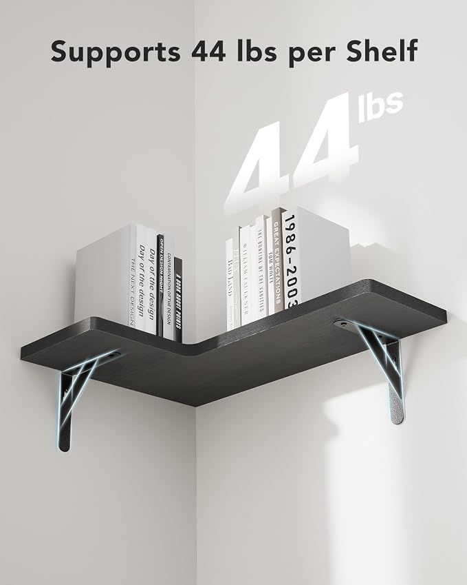 Amada Corner Floating Shelves, Paulownia Wood, Set of 4, Black | Corner Wall Shelves with Triangular Metal Bracket, 44 lbs Capacity per Shelf, L-Shaped Design for Home Decor, Kitchen Storage - Image 3