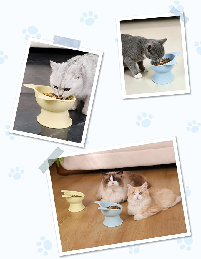 YINEYA Elevated Cat Bowls 2 Pcs, Cat Food Bowl to Protect Neck & Anti-Vomit, Whisker-Friendly Raised Food and Water Bowls Set for Indoor Cats/Small Dogs, Cute Pet Feeding Bowl 6 OZ Each, Yellow & Blue - Image 8