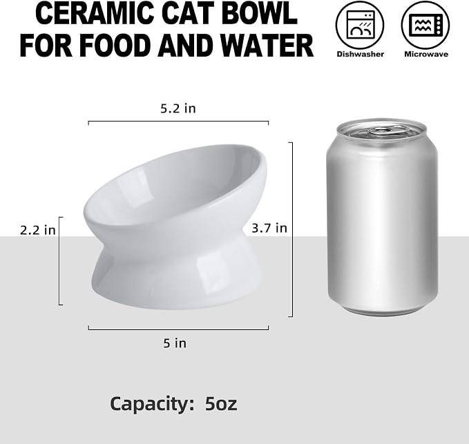 Elevated Ceramic Cat Bowl, 15° Tilted Raised Food & Water Dishes, Anti-Vomiting & Neck Protection Pet Feeder for Kittens, Small Dogs (5.2", White, 1pc Set) - Image 3