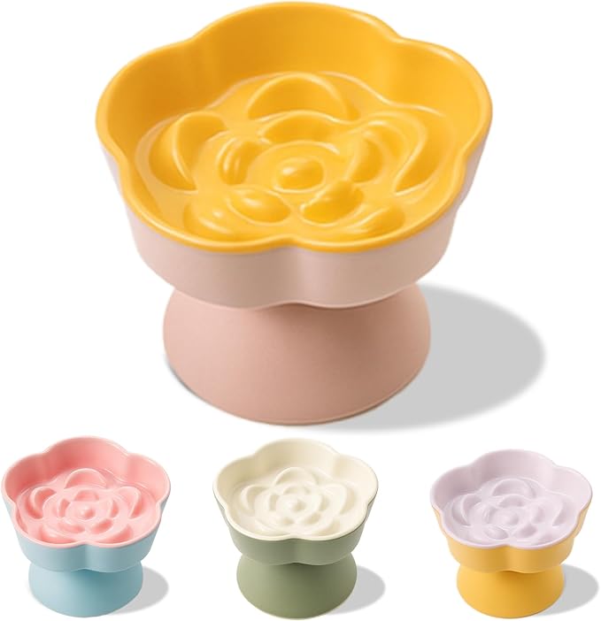 Tilted Cat Bowl, Flower-Shaped Ceramic Slow Feeder Cat Bowl, Raised Pet Bowl for Whisker Relief, Prevents Vomiting & Bloating, Non-Slip Base, Easy to Clean for Dry/Wet Food (Yellow & Beige) by Trundisan