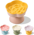 Tilted Cat Bowl, Flower-Shaped Ceramic Slow Feeder Cat Bowl, Raised Pet Bowl for Whisker Relief, Prevents Vomiting & Bloating, Non-Slip Base, Easy to Clean for Dry/Wet Food (Yellow & Beige) by Trundisan