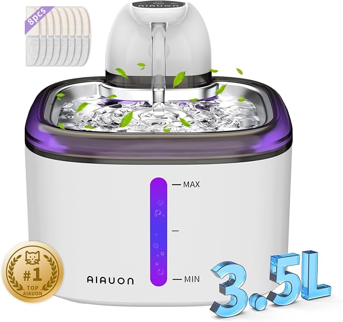 Cat Water Fountain Cordless 118oz/3.5L Wireless & Battery Operated Pet Water Fountain for Indoor Cats, Stainless Steel Tray with Sensor & Timer Modes, Ultra-Quiet, BPA-Free (Cat Fountain+8Filters) by AIAUON