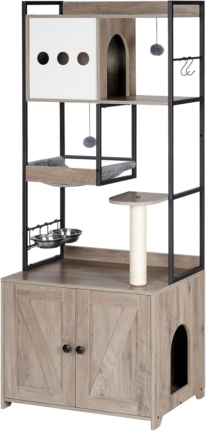 HOOBRO Cat Tree with Litter Box Enclosure, 58.7" H Cat Tower with Hidden Litter Box Furniture, with Scratching Post, Step, Hammock, Multifunctional Pet Furniture with Food Bowls, Greige BG30MZ03G1 by HOOBRO