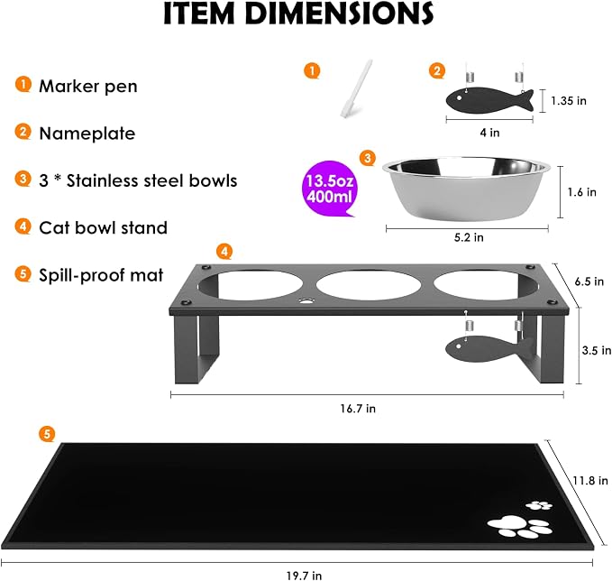 3 in 1 Elevated Cat Bowls with Splash proof Mat for Kittens, Puppies, Multi-pet Households, 10° Tilted Raised Cat Bowls Anti-Vomiting, 3 Wide Shallow Stainless Steel Bowls, Whisker Friendly, 3.5" Tall - Image 6