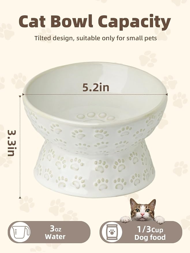 Ceramic Tilted Elevated Small Cat Bowl, for Fat Faced Cat, Kitten, White | 15° Tilted Elevated Design,5oz Small Meal Capacity,Chin-Friendly Ceramic,Paw Print - Image 2