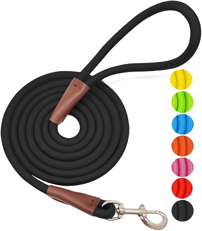 MayPaw 4/6 /8/10 FT Dog Leash, Classic Solid Colors, Strong Nylon Rope Dog Leash Reinforced with Leather Tailor Connection Heavy Duty Silver Clasp (Black, 4ft*1/2") by MayPaw